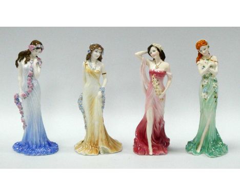 Four Coalport Porcelain Limited Edition Figures, 'Ruby', 'Sapphire', 'Emerald' and 'Topaz', retailed by Compton and Woodhouse