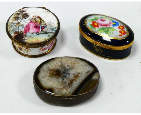 An Early XIX Century Circular Enamel Snuff Box, with gilt metal mounts, painted with figures in a garden landscape, the sides