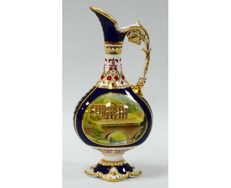 A Royal Crown Derby Porcelain 'Chatsworth Vase', the ewer of compressed ovoid form raised in a shaped moulded oval foot, prin