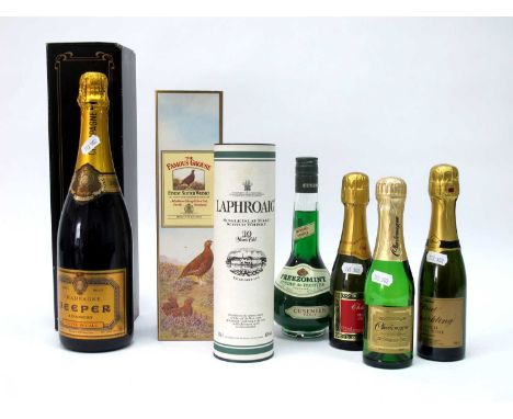 Mixed Spirits - Laphroag Whisky, 35cl., The Famous Grouse Scotch Whisky, Jeeper Champagne, Creme de Menthe, 2 Champagne Minia