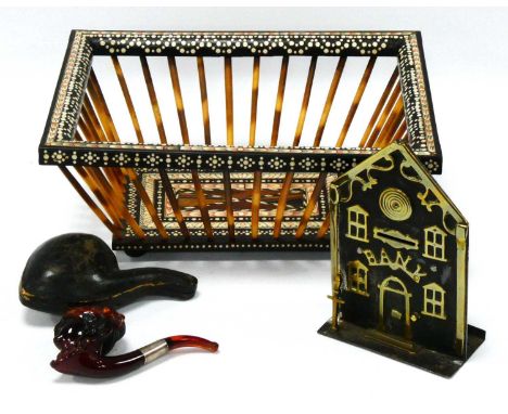 A Late XIX Century Anglo-Indian Porcupine Quill, Ebony and Bone Basket, of rectangular form, 31 x 13 x 34cm, a brass and iron