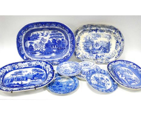A XIX Century Staffordshire Pottery 'Wild Rose', 47cm long; another matching, 35cm long; A Willow Pattern Meat Plate; A Daven