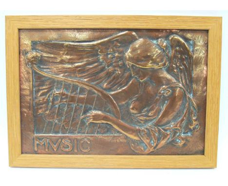 An Art Nouveau Style Rectangular Coppered Plaque, inscribed "Mvsic", repoussé decorated with an angel playing the harp, moder