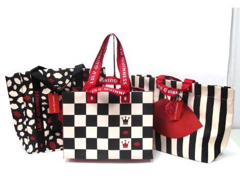 Lulu Guinness; A black and cream striped beach bag, with signature 'Lip' logo, 38 x 41cm, a 'Flurry of Kisses' Tote, 31 x 41c