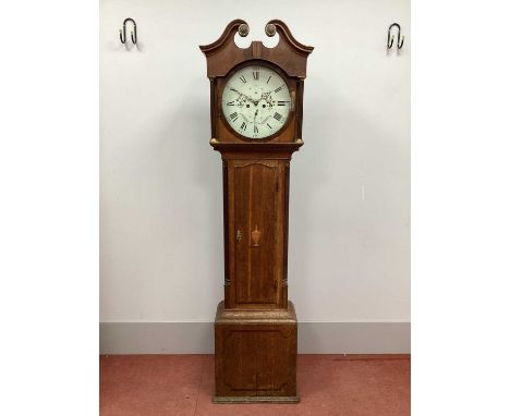 A Late XVIII Century Oak and Mahogany Thirty Hour Longcase Clock, the hood with swan neck pediment and glazed door with reede