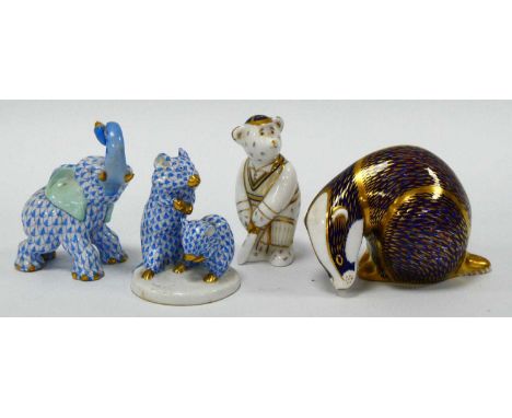 A Royal Crown Derby Porcelain Paperweight in the Form of a Badger, gold stopper, 7cm high; A Royal Crown Derby model of a bea