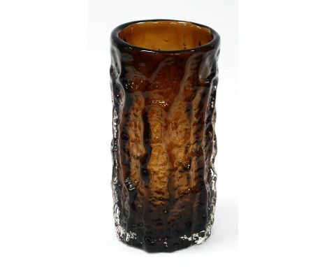 A Geoffrey Baxter for Whitefriars Textured Glass Bark Vase, of cylindrical form in dark brown colourway, 22cm high.Light scra