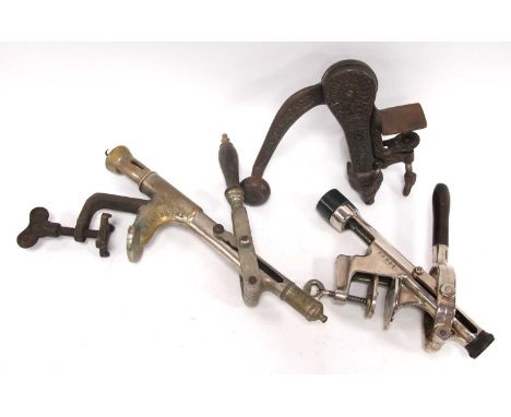 An Original Safety Bar Top Corkscrew, with wooden knop to handle, 25cm long; a Cedon Bar Top Corkscrew and a Merrit Bar Top C