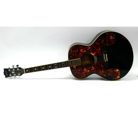 An Epiphone Acoustic Guitar inscribed "Gibson", model number SQ180, serial number 9101181, with black finish, faux tortoisesh