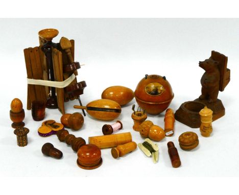 An Interesting Collection of Treen and Sewing Items, to include: a Black Forest bear, a wool winder, Mauchline ware pin cushi