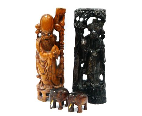 Two Late XIX Century Japanese Large Carved Wooden Figures of Gentlemen, one with hole for candle to top of staff; two small c