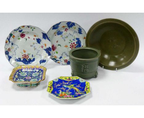 A Pair of Chinese XIX Century Porcelain Plates, painted with flowers and foliage, 22cm diameter; a green celadon swallow bowl