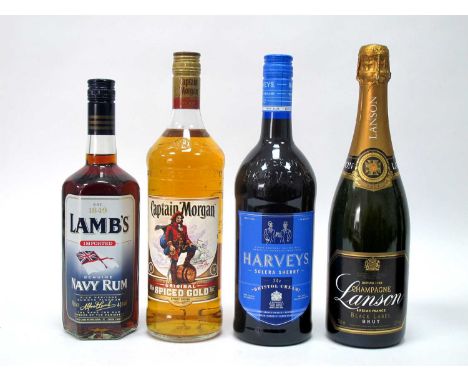 Spirits - Lambs Navy Rum, Captain Morgan Spiced Gold, Harvey Solera Sherry, Lanson Black Label Champagne. (4)