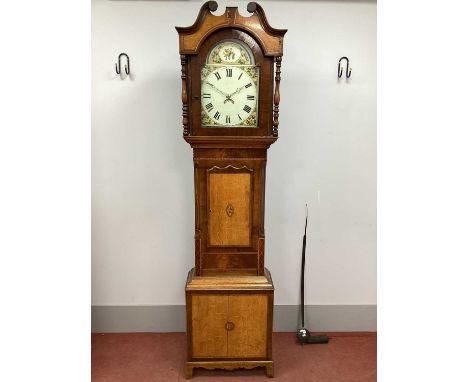 A XIX Century Oak and Mahogany Longcase Clock, the white painted dial with Roman numerals, 30 hour movement, the hood with sw