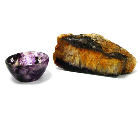 A Derbyshire Blue John Miniature Bowl, of circular plain form, 4.2cm diameter and a piece of Blue John mineral, 8.5cm long. (