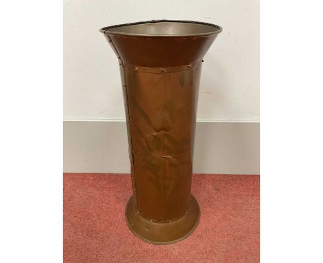 An Art Nouveau Copper Umbrella Stand, of cylindrical form with flared neck and foot, cast with stylised flowers, 57cm high.