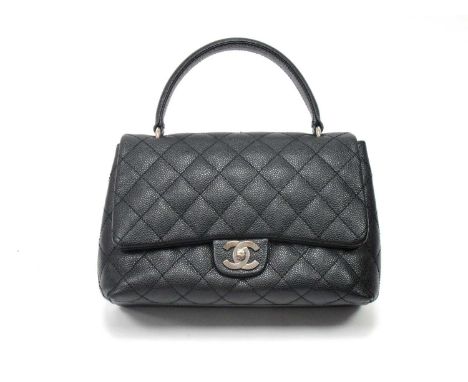 Chanel; A Black Caviar Leather Kelly Top Handle Bag, (2006-2008) silver toned interlocking logo fastening, pocket to back, bl
