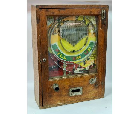 A Vintage 'Fill Em Up' Penny Slot Pinball Machine, possibly by Ruffler and Walker Limited, in wooden case, 80cm high, 57cm wi