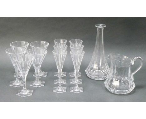 A Moser Glass 'Thomas' Pattern Crystal Table Suite, each piece of faceted tapered form and raised on hexagonal bases, etched 