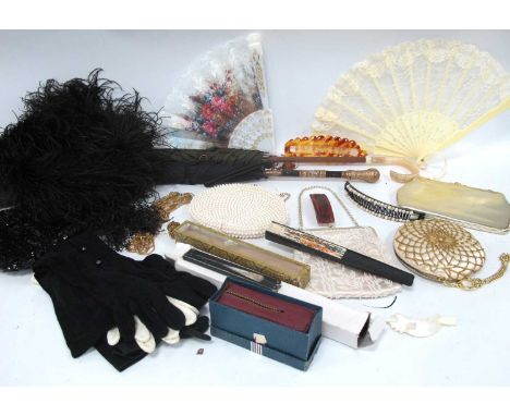 Vintage Fashion Accessories, to include mid XX Century beaded evening bags, gloves and fans, a sequinned skull cap, opera gla