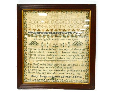An Early XIX Century Sampler, worked by Mary Burgess 1823 with the alphabet, verses, flowers and acorns, 36 x 32cm. framed an