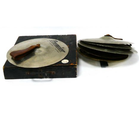 A Boxed Pair of Premier 14" Marching Cymbals, with leather straps and three further pairs of cymbals. (8)