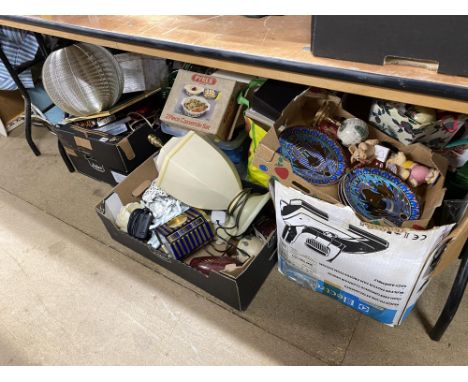 Various boxes to include picture plates, lamps, DVDs and cooking wares
