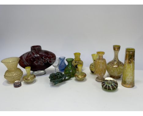 An art glass footed vase of oval form, 20cm H and various other art and Bohemian coloured glass to include Millefiori style p