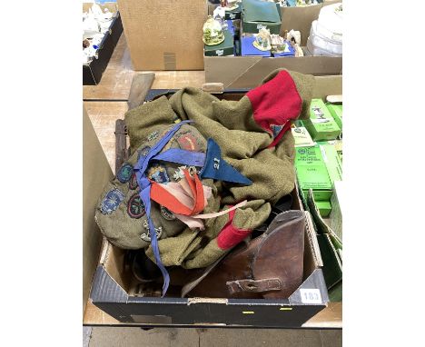 Box containing vintage Scouting interest items including; The Life Boys Beret and various holsters and scouting belts