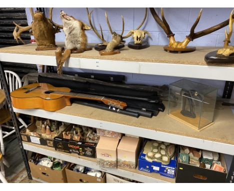 A shelf of snooker cues, cased snooker statue and a Resonata acoustic guitar