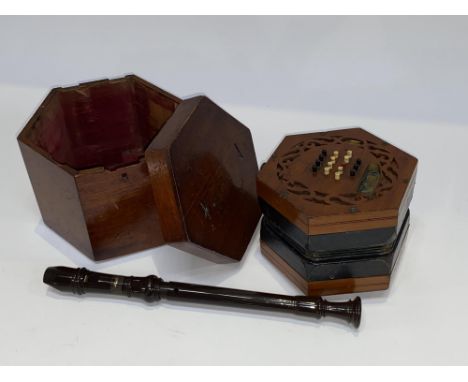 An early 20th Century Lachenal concertina squeeze box, labelled and a beginner's recorder musical instrument