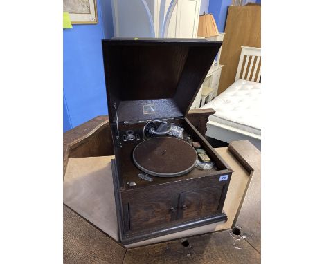 A HMV oak cased table top gramophone