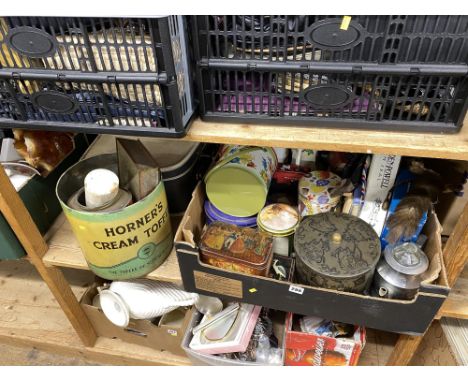 Two boxes of advertising tins, Maling Ware and other ceramics, a vintage Horner's Cream Toffee tin and a suitcase of glasswar