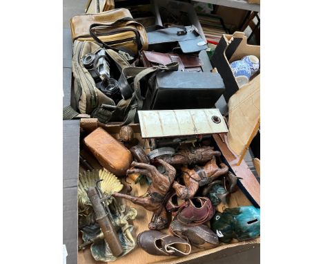 A box of cameras and accessories and a box of misc including Mamod steam engine (as found), horse figures, children's clogs, 