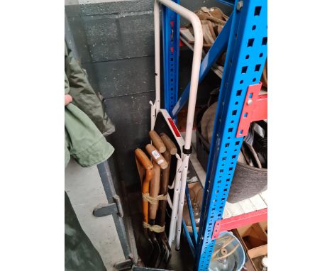 A bundle of old garden tools and a set of steps.Condition:- no woodwarm, handles & joints solid, one of the set of forks is b