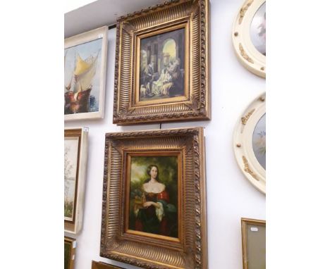 A pair of 20th century school oil on boards, period scenes, a portrait of a woman and an interior scene, 29cm x 39cm each, on