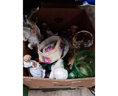 A box of mixed ceramics and glass including paperweights, glass dome, Royal Worcester figurines, small caithness glass vase e
