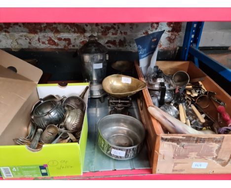 Selection of metalware to include box with platedware and related items, a wooden drawer containing various cutlery, plated t