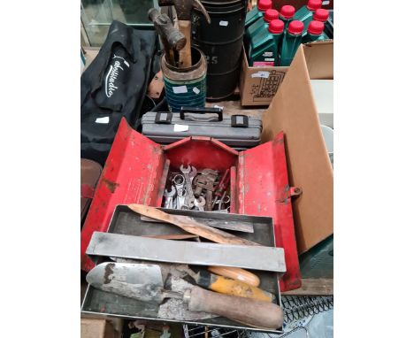 A toolbox with tools, a Bosch dremel and tin with various tools. 