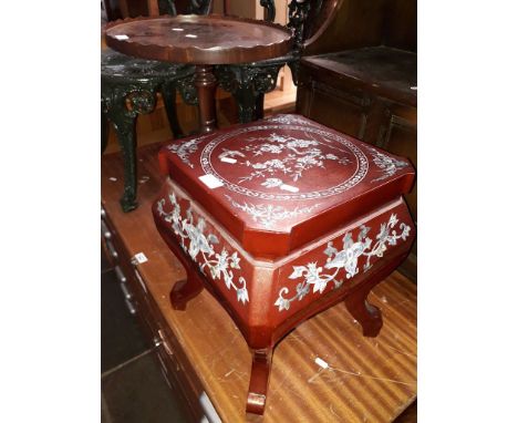 A Chinese mother of pearl inlaid stool and a mahogany table. 