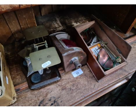 A set of post office scales with weights, a boxed set of photographic scale sand a vintage copper rear warning light. 