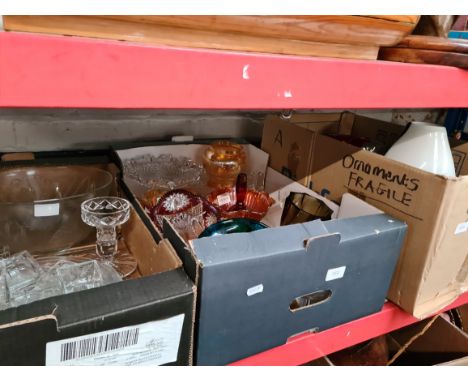 3 boxes of misc glass items including carnival glass, bowls, candlestick holders, large vase, etc. 