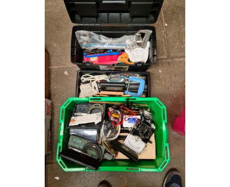 A box of misc garageware, tools, etc, a toolbox with tools to include woodworking.
