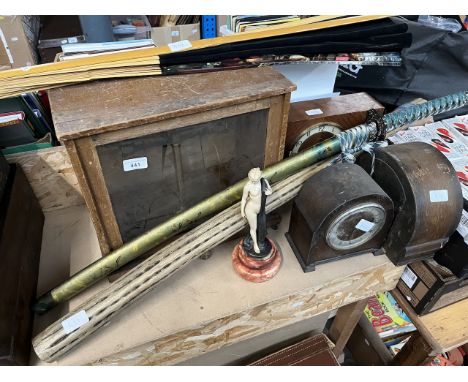 A rainstick, scientific scales, a large fan, 3 mantle clocks, 2 vintage cases 