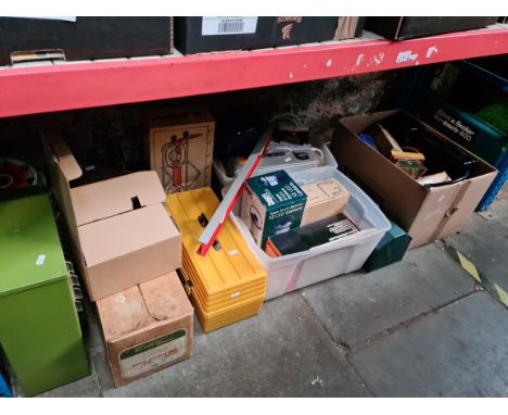 4 boxes, a small metal toolbox, a plastic toolbox, a small cabinet, various small boxes and other boxed items to include tool