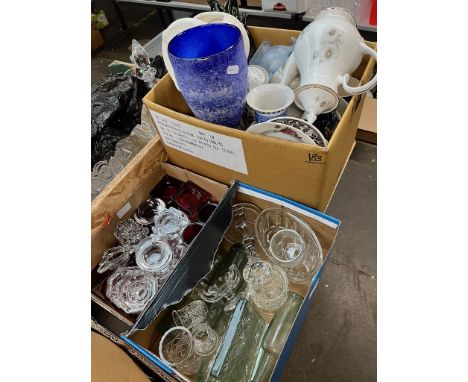 A box of ceramics and glass and two boxes of glass including tea light holders 