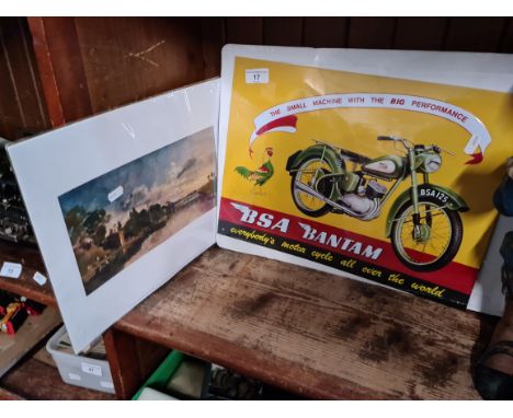 A repro metal sign "BSA Banton" and a print of a river. 