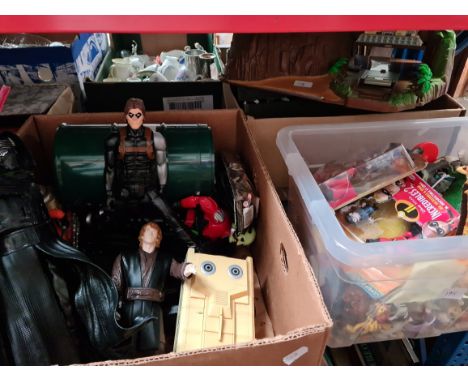 3 boxes of toys to include Star Wars, Chad Valley military figures, Action Man, Tracy Island playset, etc. 