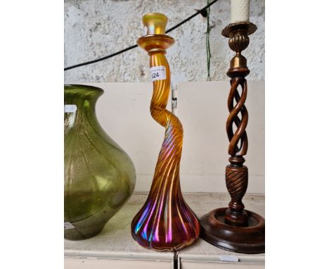 A John Ditchfield Glasform iridescent and twisted glass candlestick, height 35cm. 