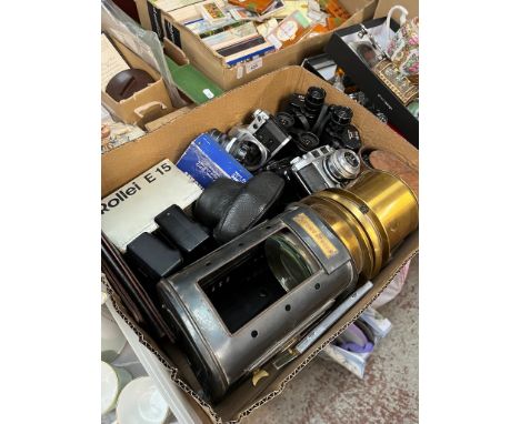A box containing cameras and binoculars including a Canon AE1, Tento binoculars, Olympus, Pentax, Baulder, light meters, acce